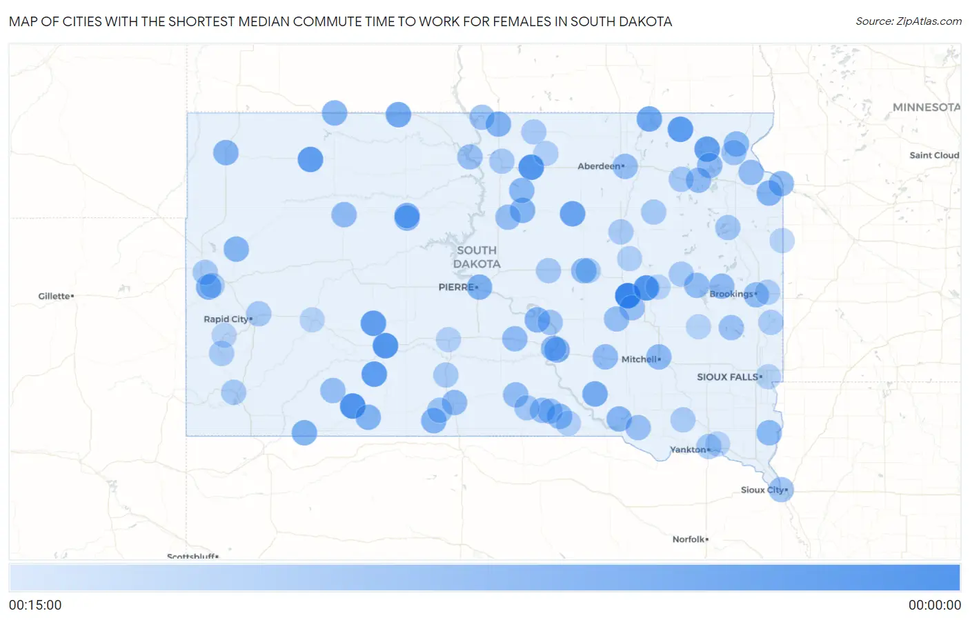 Cities with the Shortest Median Commute Time to Work for Females in South Dakota Map