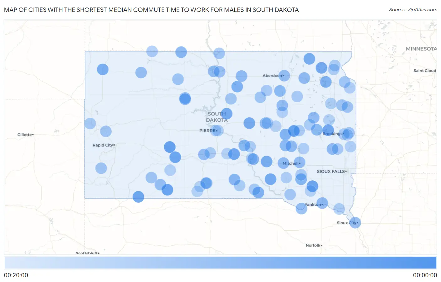 Cities with the Shortest Median Commute Time to Work for Males in South Dakota Map