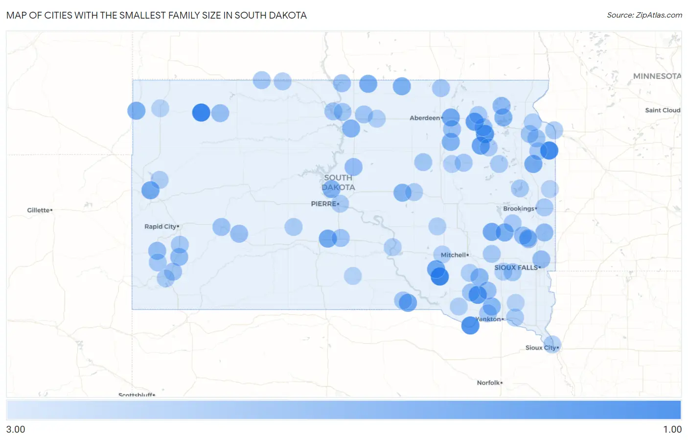 Cities with the Smallest Family Size in South Dakota Map