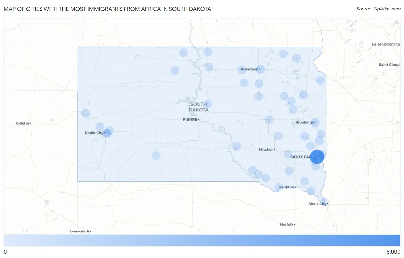 Cities with the Most Immigrants from Africa in South Dakota Map