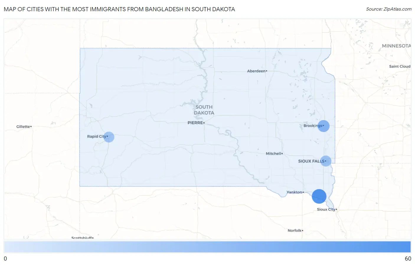 Cities with the Most Immigrants from Bangladesh in South Dakota Map