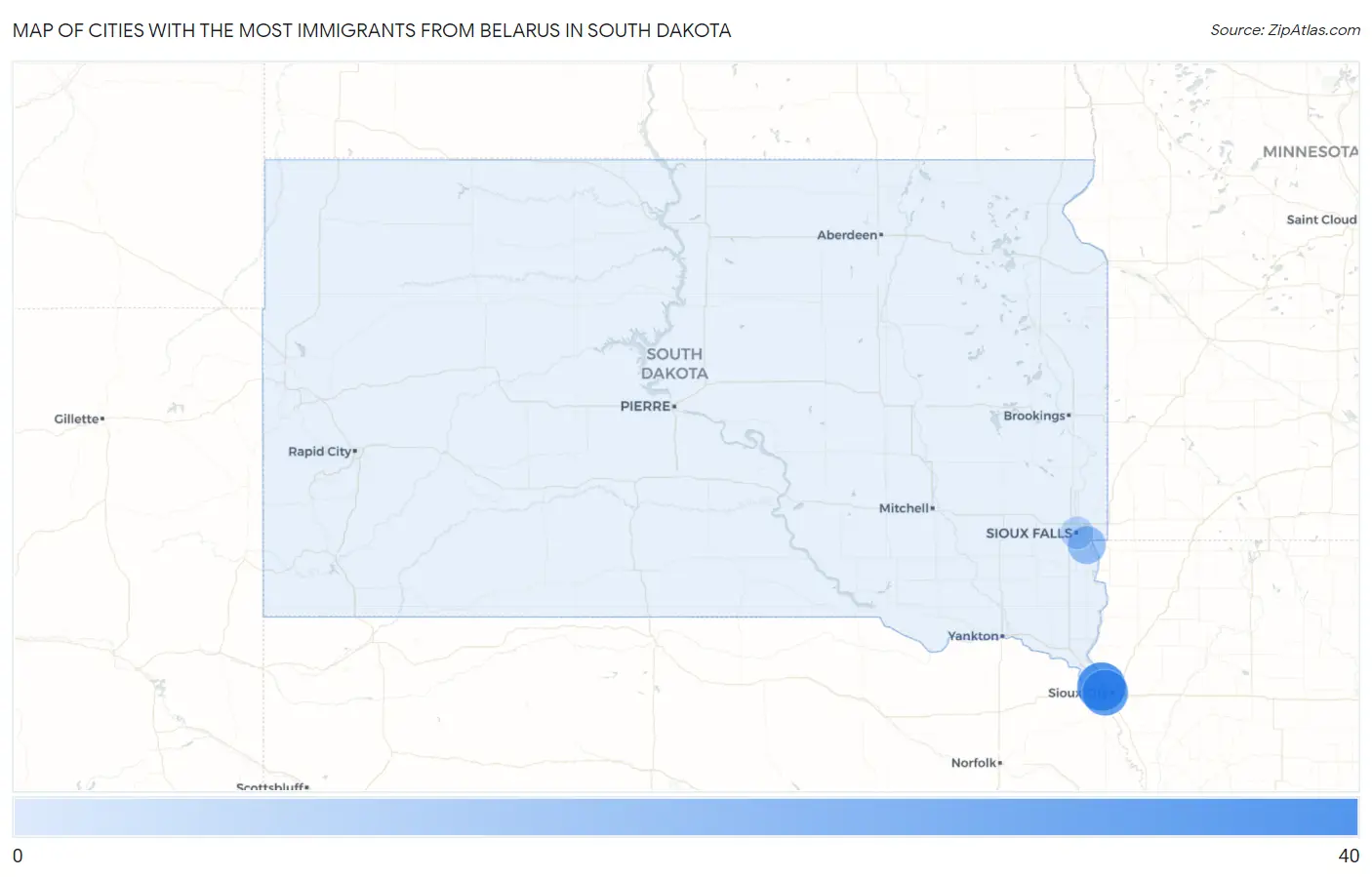 Cities with the Most Immigrants from Belarus in South Dakota Map