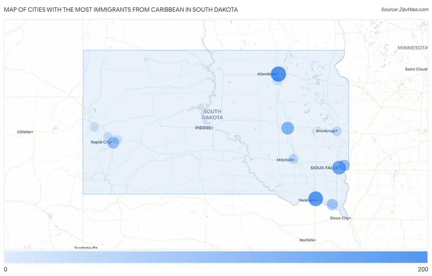 Cities with the Most Immigrants from Caribbean in South Dakota Map