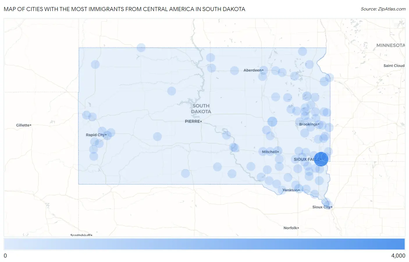 Cities with the Most Immigrants from Central America in South Dakota Map