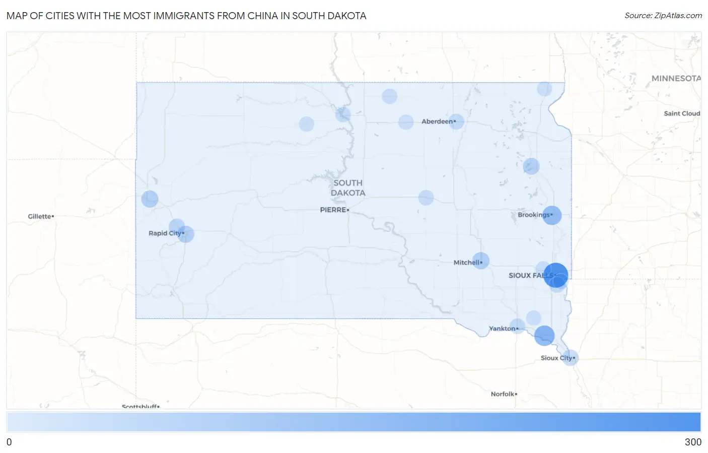 Cities with the Most Immigrants from China in South Dakota Map