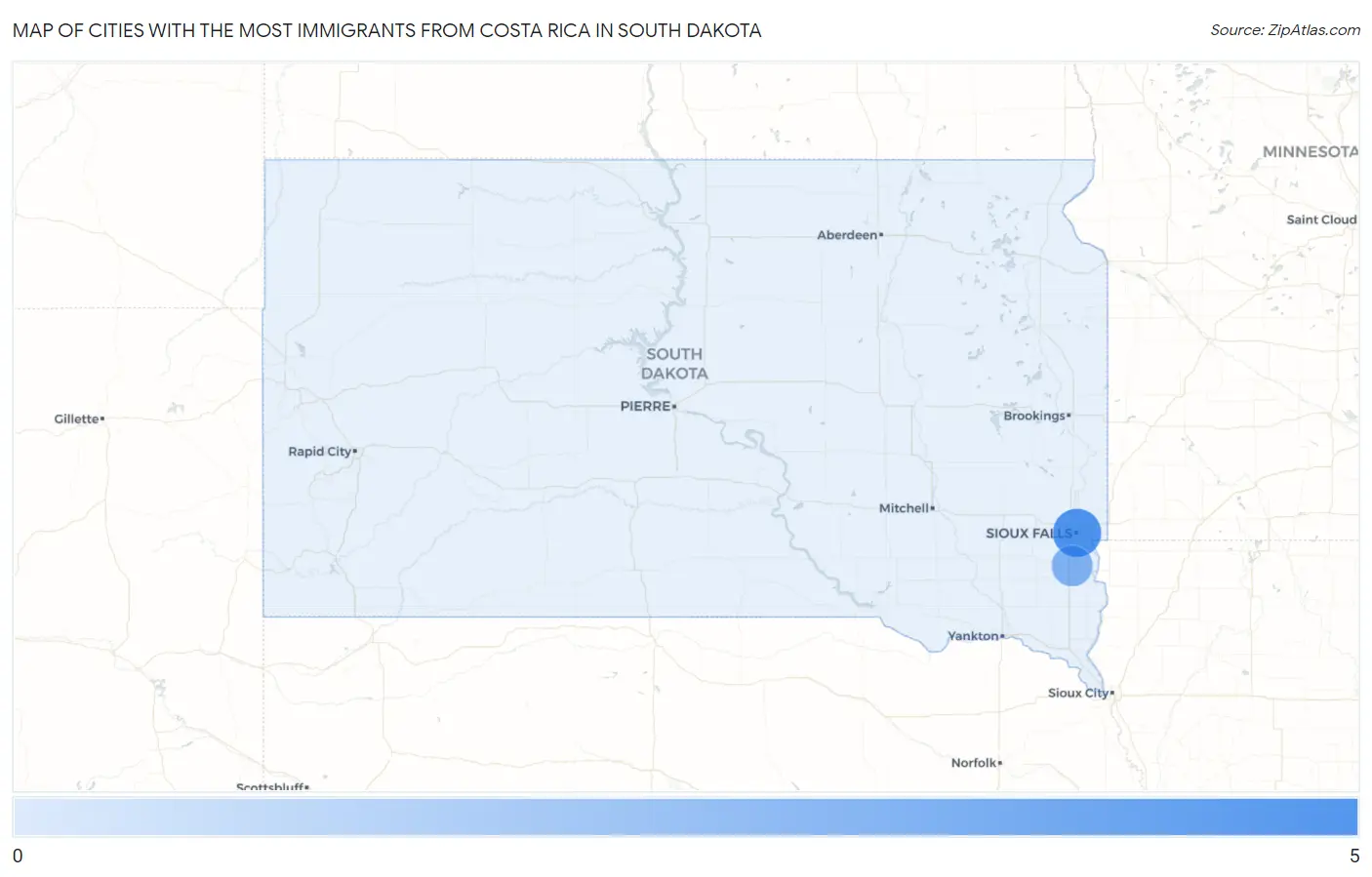 Cities with the Most Immigrants from Costa Rica in South Dakota Map