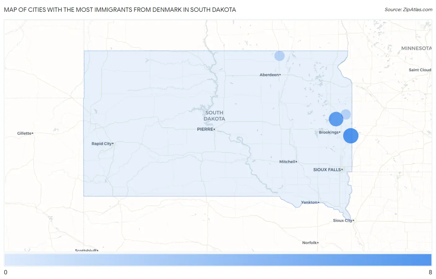 Cities with the Most Immigrants from Denmark in South Dakota Map