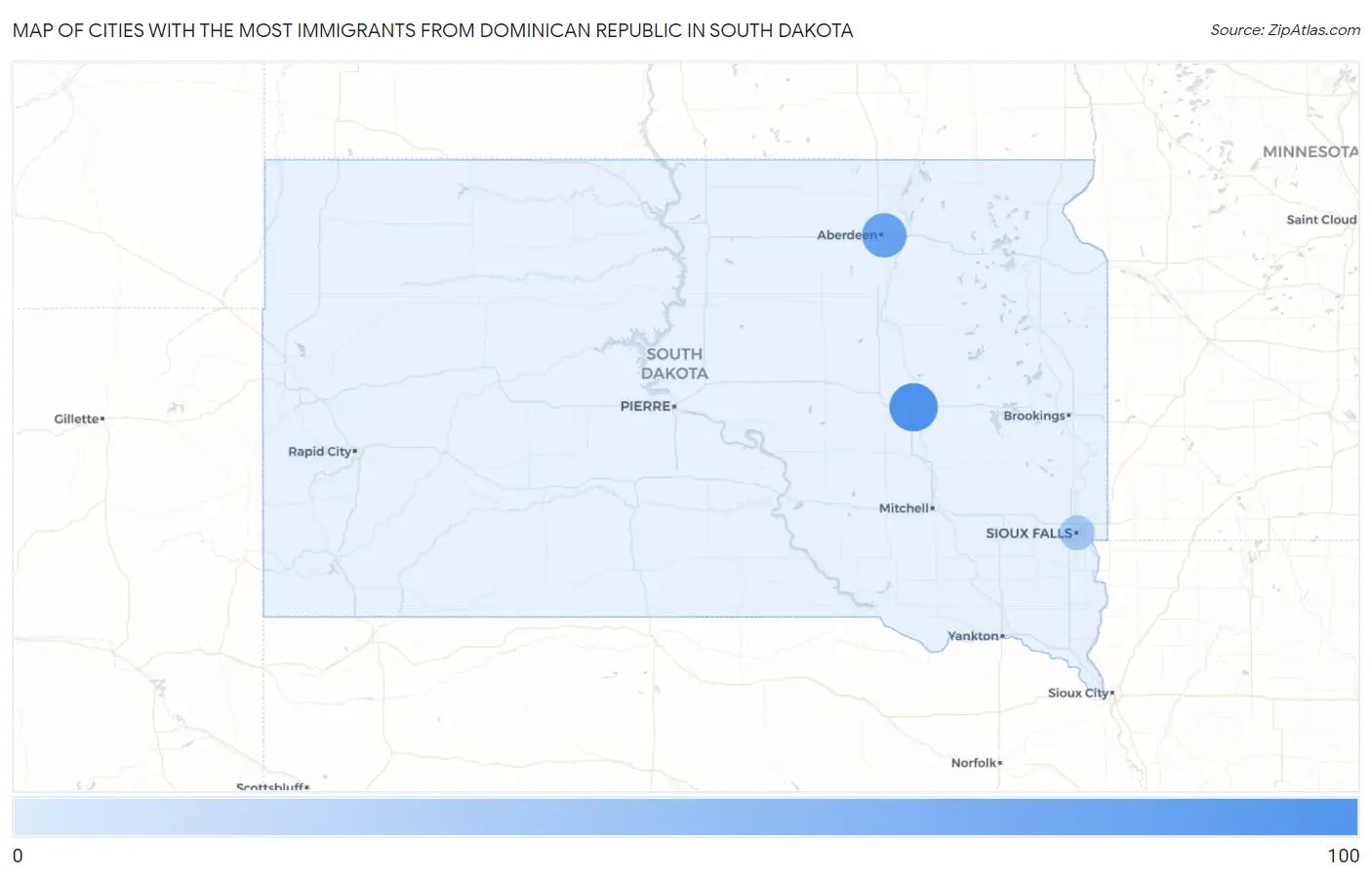 Cities with the Most Immigrants from Dominican Republic in South Dakota Map