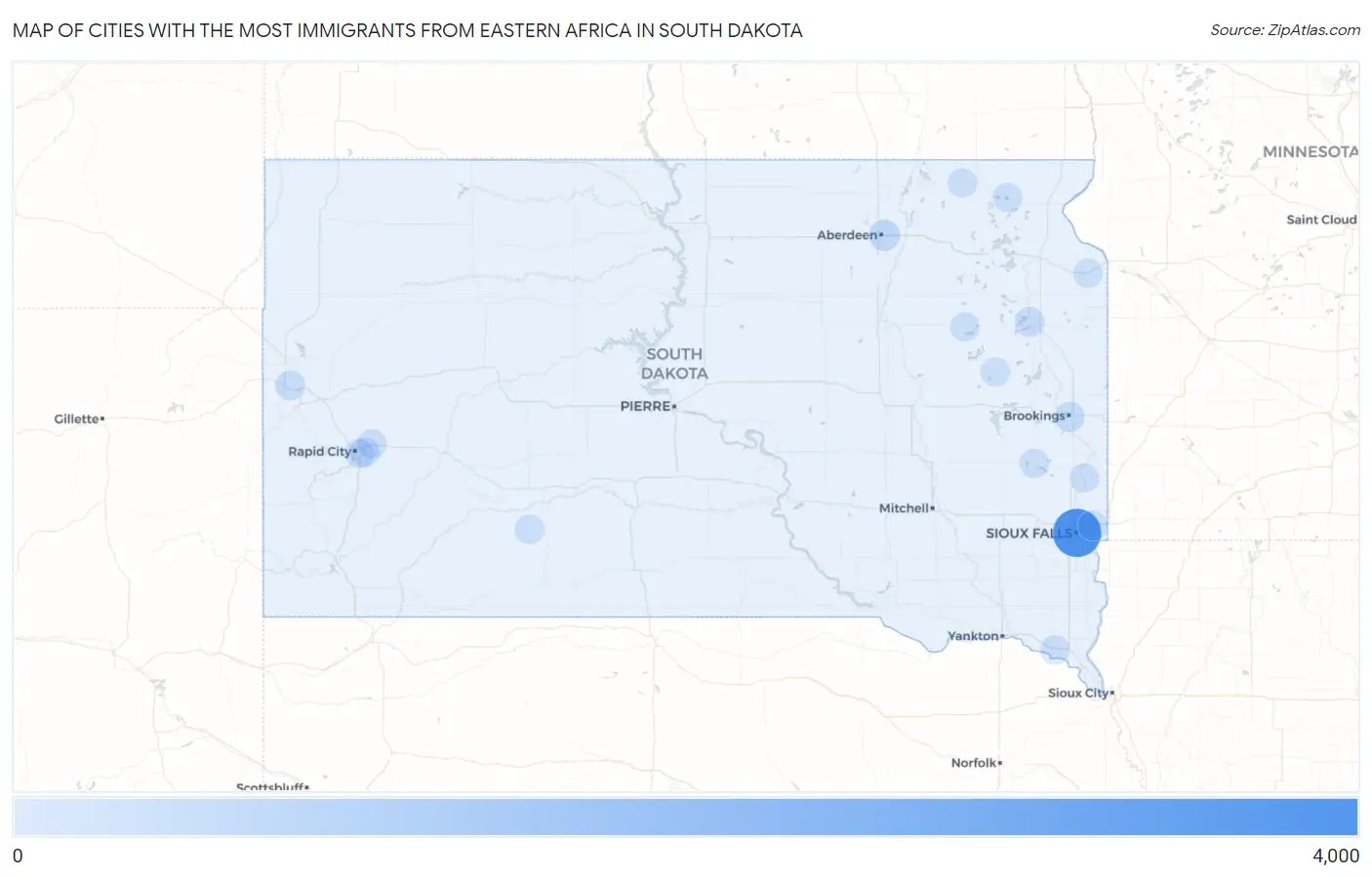 Cities with the Most Immigrants from Eastern Africa in South Dakota Map