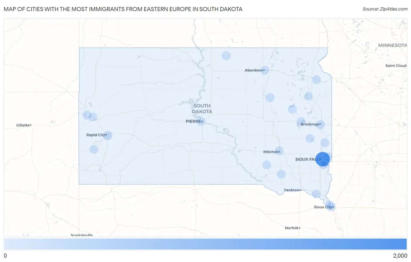 Cities with the Most Immigrants from Eastern Europe in South Dakota Map
