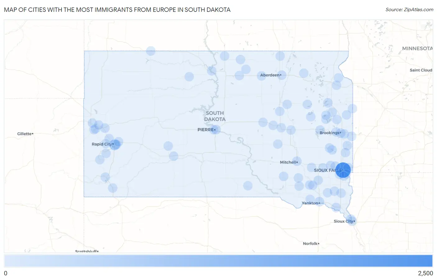 Cities with the Most Immigrants from Europe in South Dakota Map