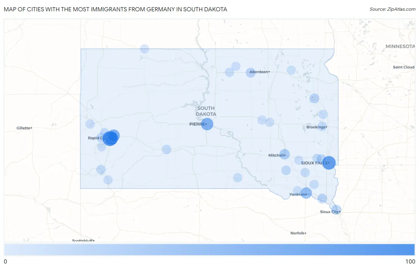 Cities with the Most Immigrants from Germany in South Dakota Map