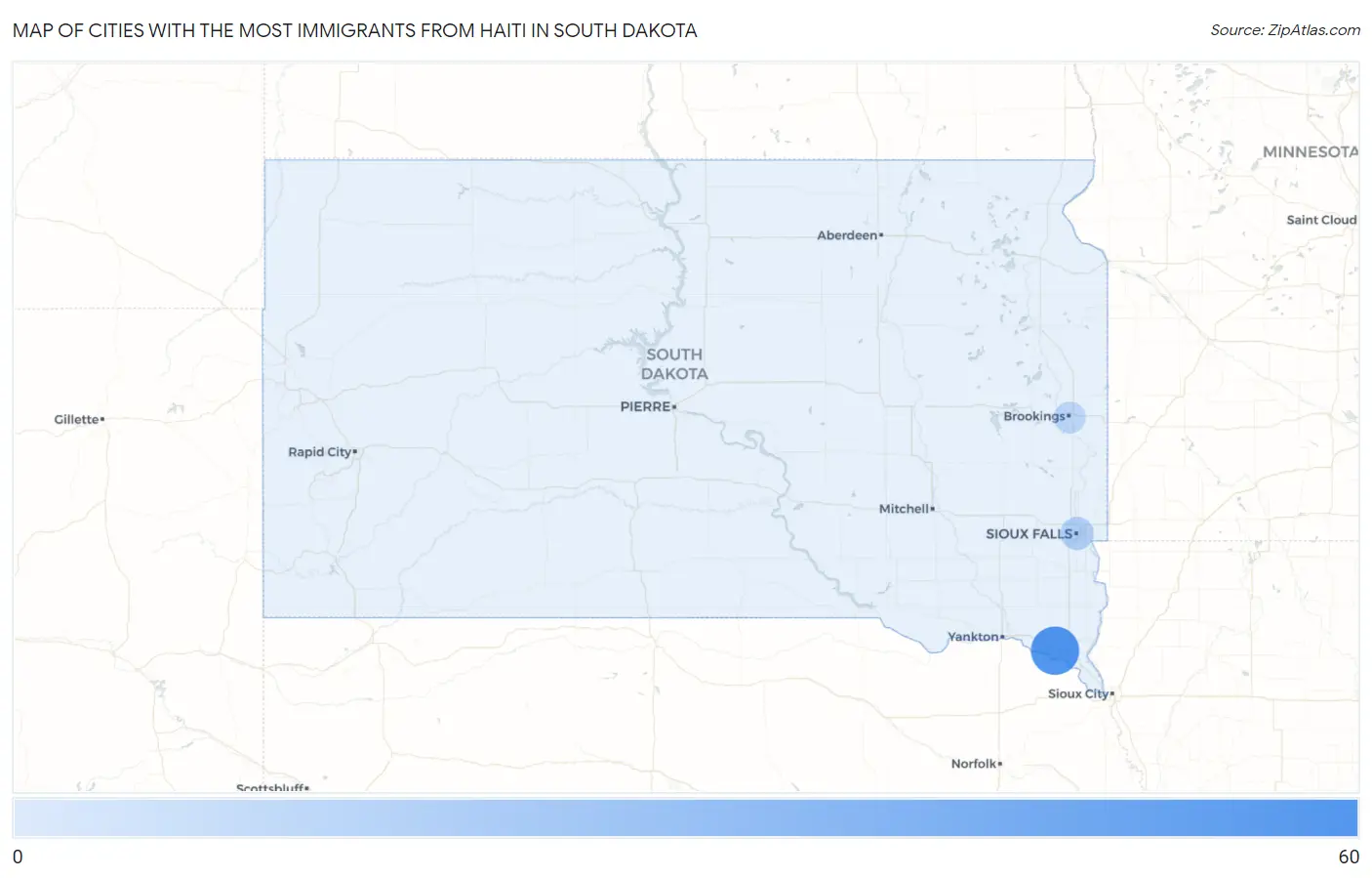 Cities with the Most Immigrants from Haiti in South Dakota Map