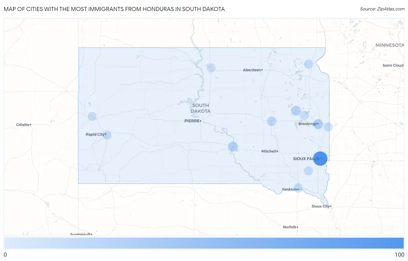Cities with the Most Immigrants from Honduras in South Dakota Map