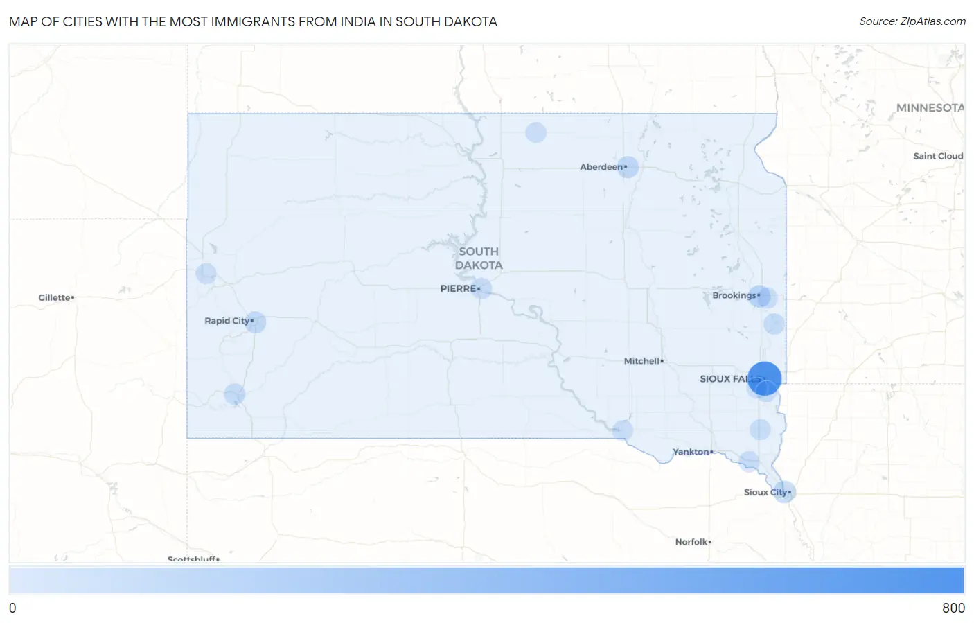 Cities with the Most Immigrants from India in South Dakota Map