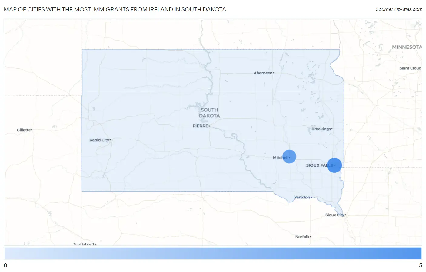 Cities with the Most Immigrants from Ireland in South Dakota Map
