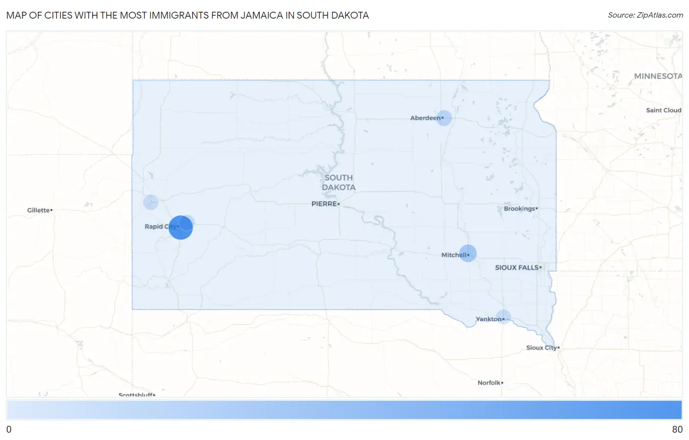Cities with the Most Immigrants from Jamaica in South Dakota Map