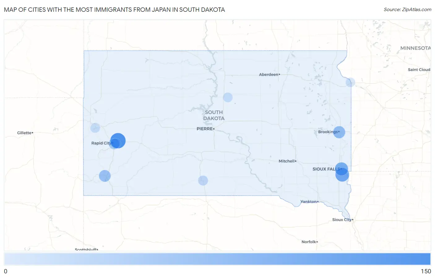 Cities with the Most Immigrants from Japan in South Dakota Map