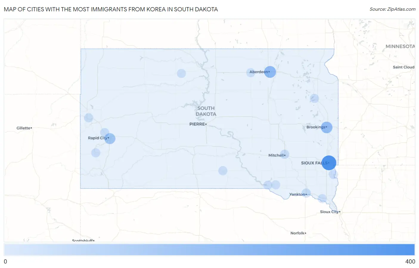 Cities with the Most Immigrants from Korea in South Dakota Map