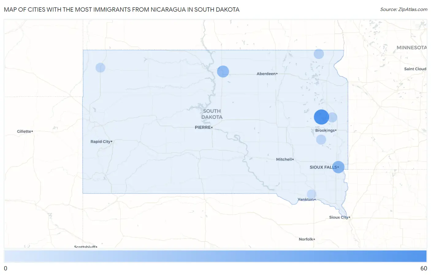 Cities with the Most Immigrants from Nicaragua in South Dakota Map