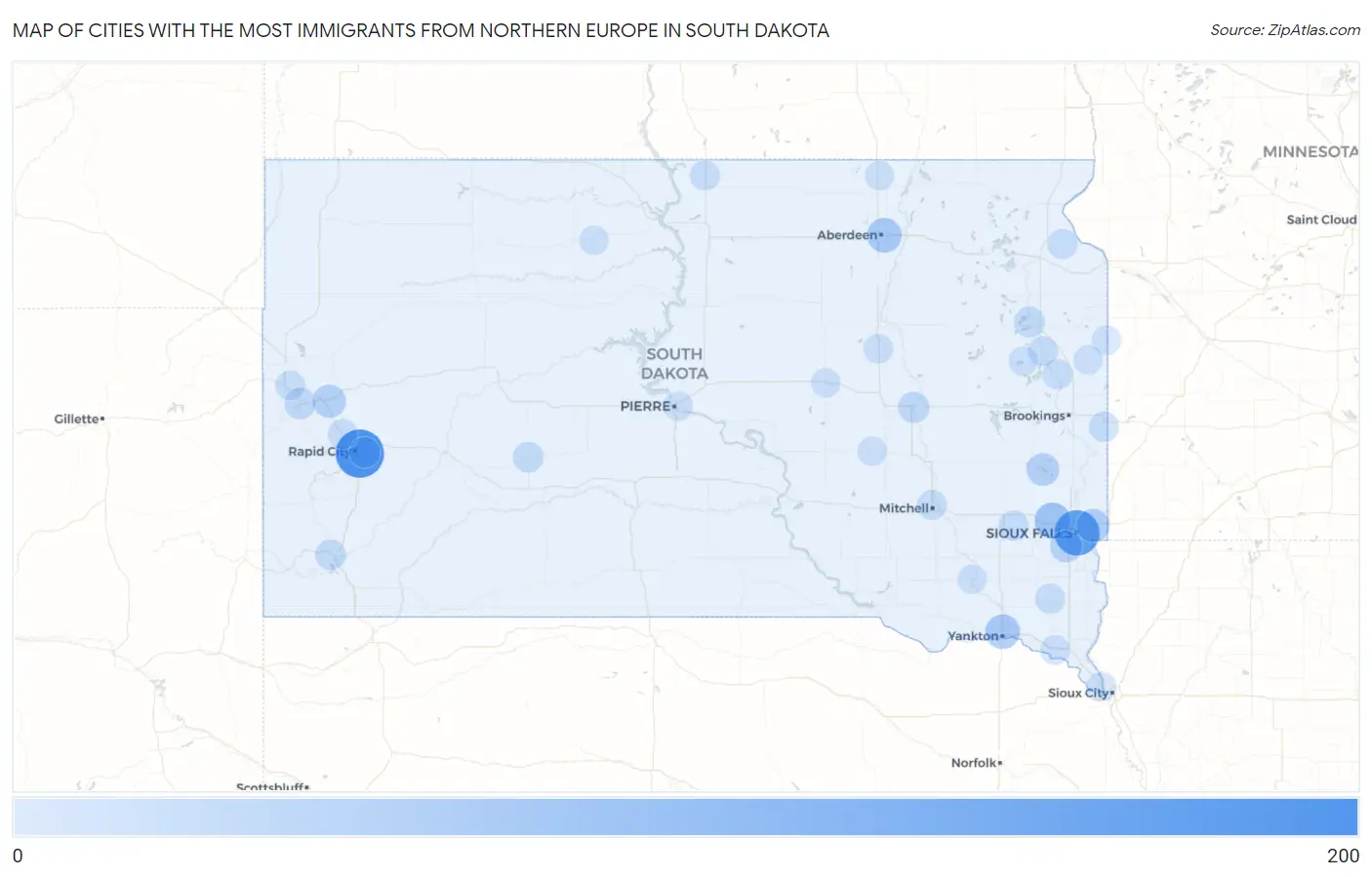 Cities with the Most Immigrants from Northern Europe in South Dakota Map