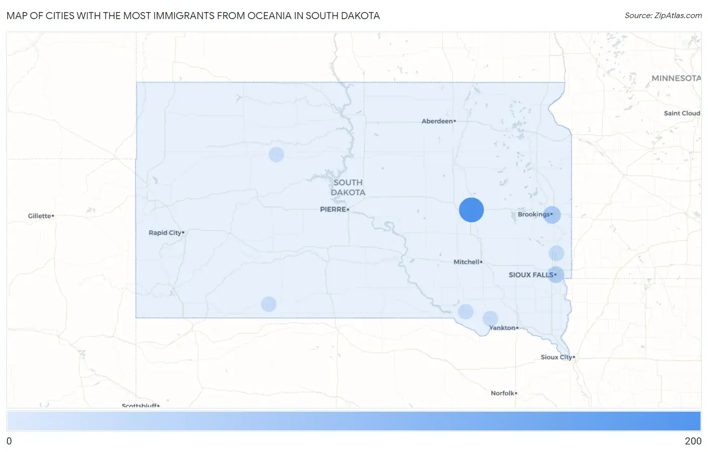 Cities with the Most Immigrants from Oceania in South Dakota Map