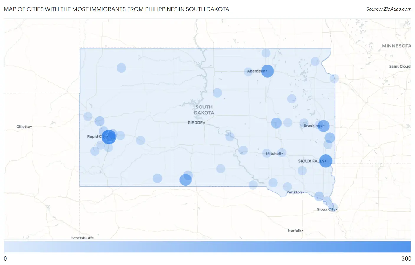 Cities with the Most Immigrants from Philippines in South Dakota Map