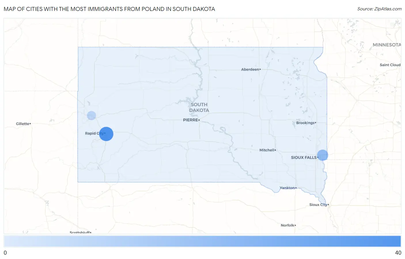 Cities with the Most Immigrants from Poland in South Dakota Map