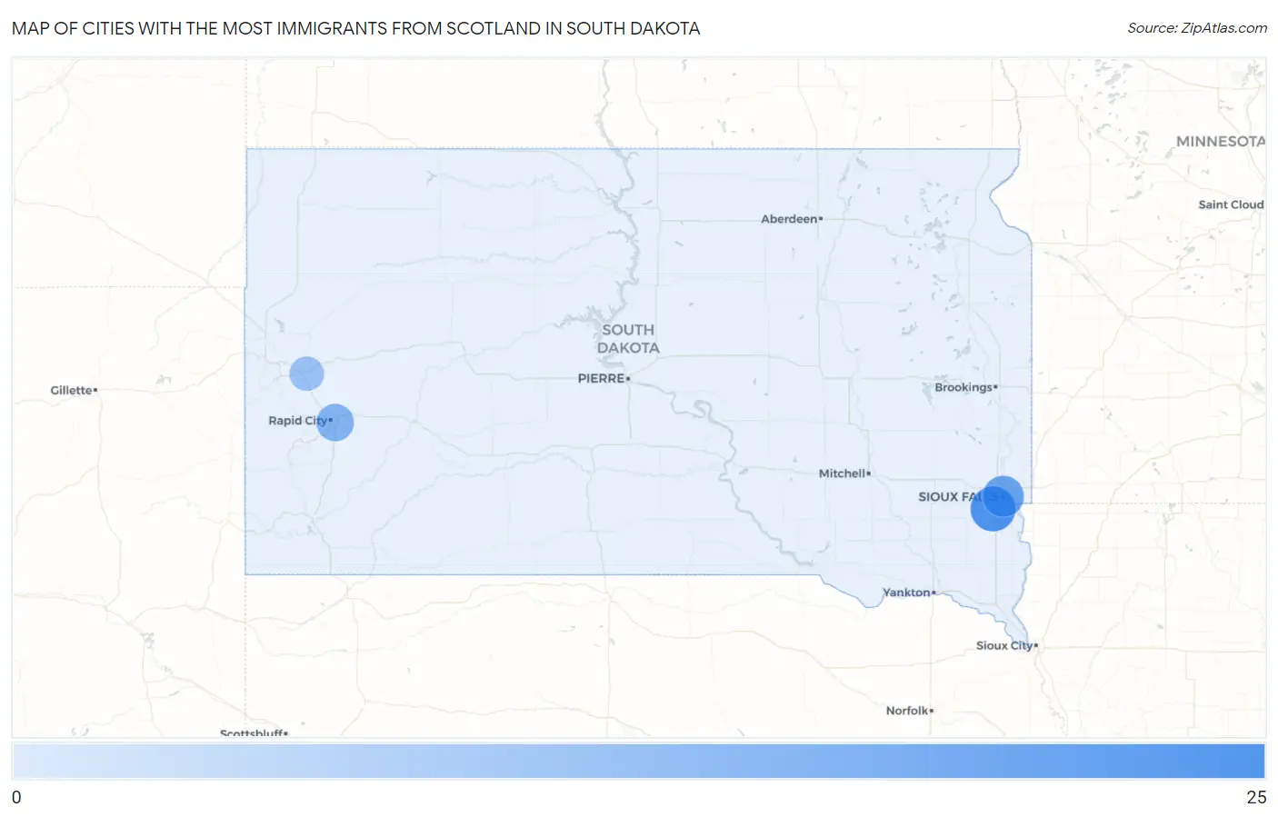 Cities with the Most Immigrants from Scotland in South Dakota Map