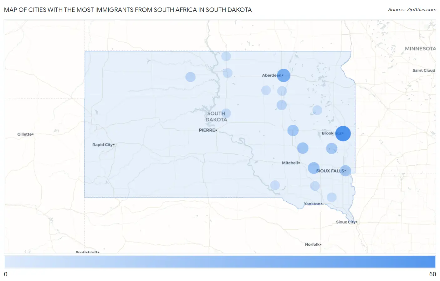 Cities with the Most Immigrants from South Africa in South Dakota Map