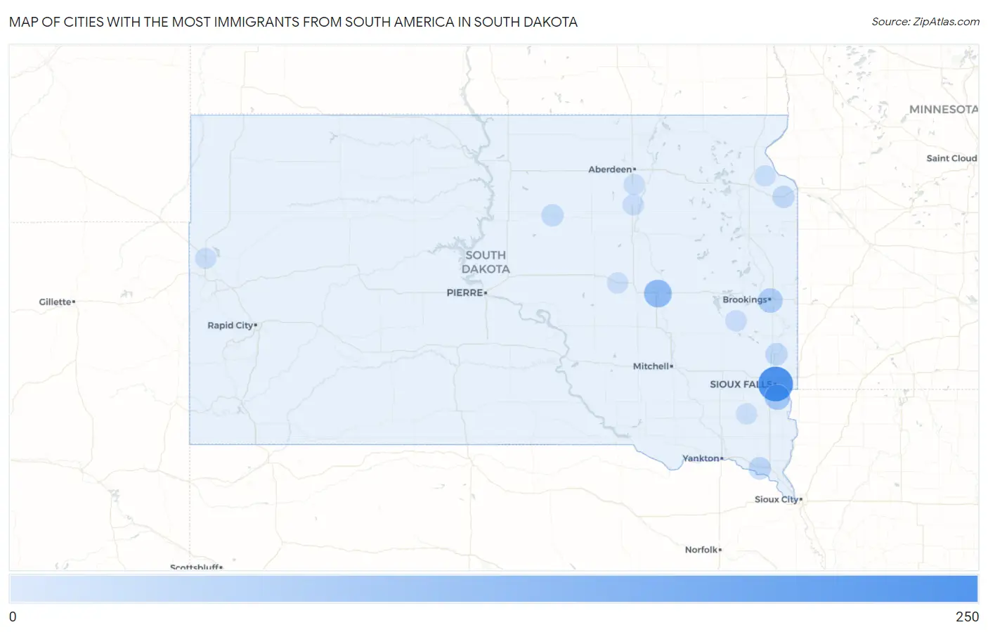 Cities with the Most Immigrants from South America in South Dakota Map