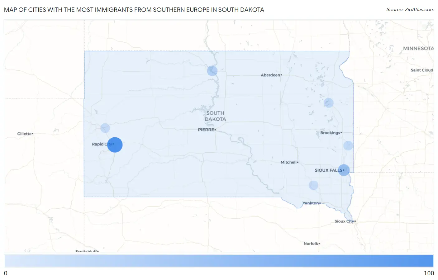 Cities with the Most Immigrants from Southern Europe in South Dakota Map