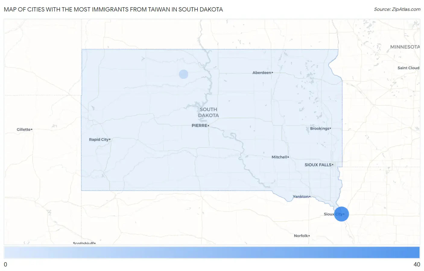 Cities with the Most Immigrants from Taiwan in South Dakota Map
