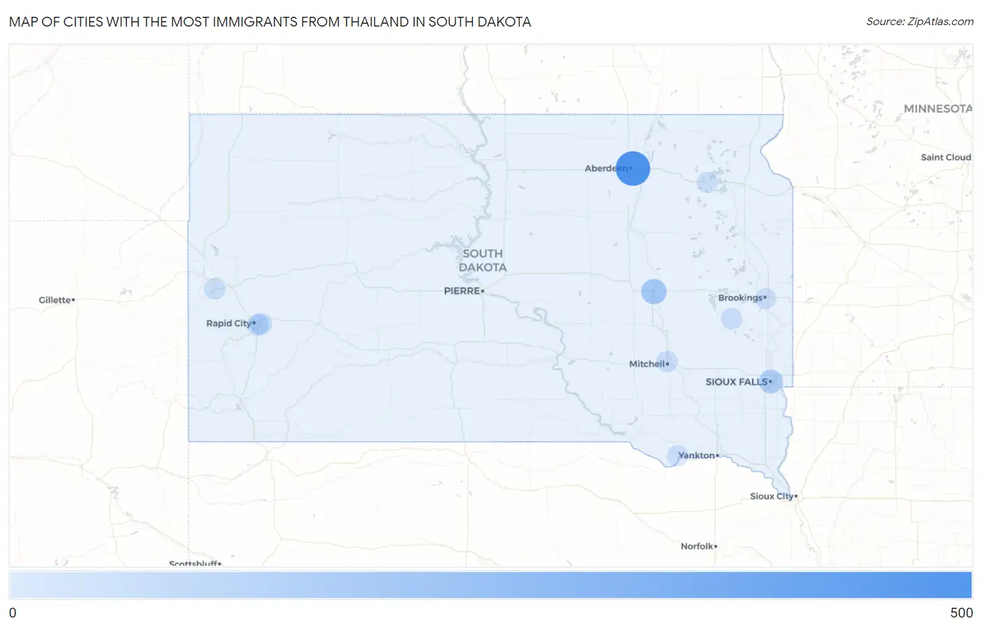 Cities with the Most Immigrants from Thailand in South Dakota Map