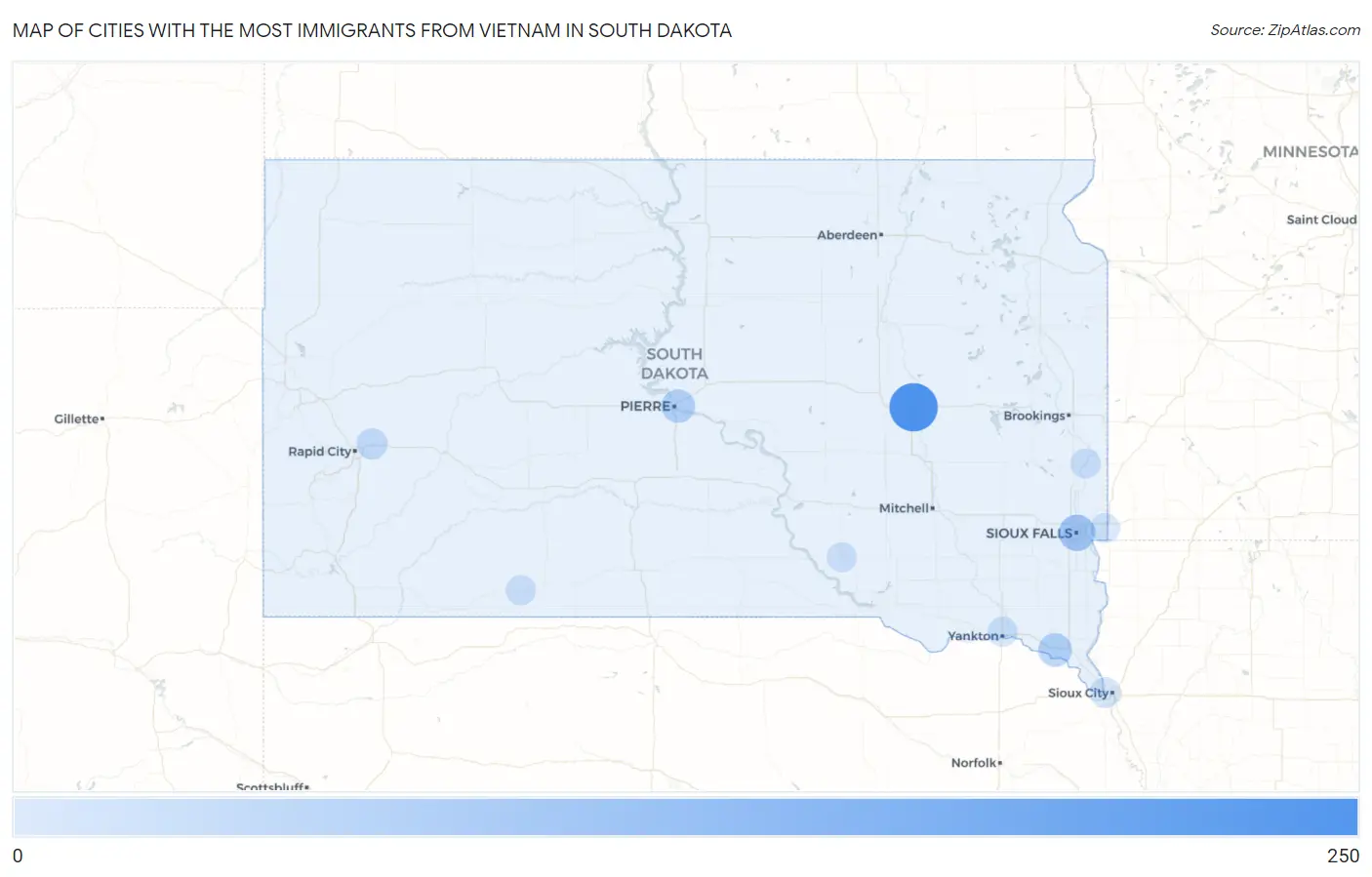 Cities with the Most Immigrants from Vietnam in South Dakota Map