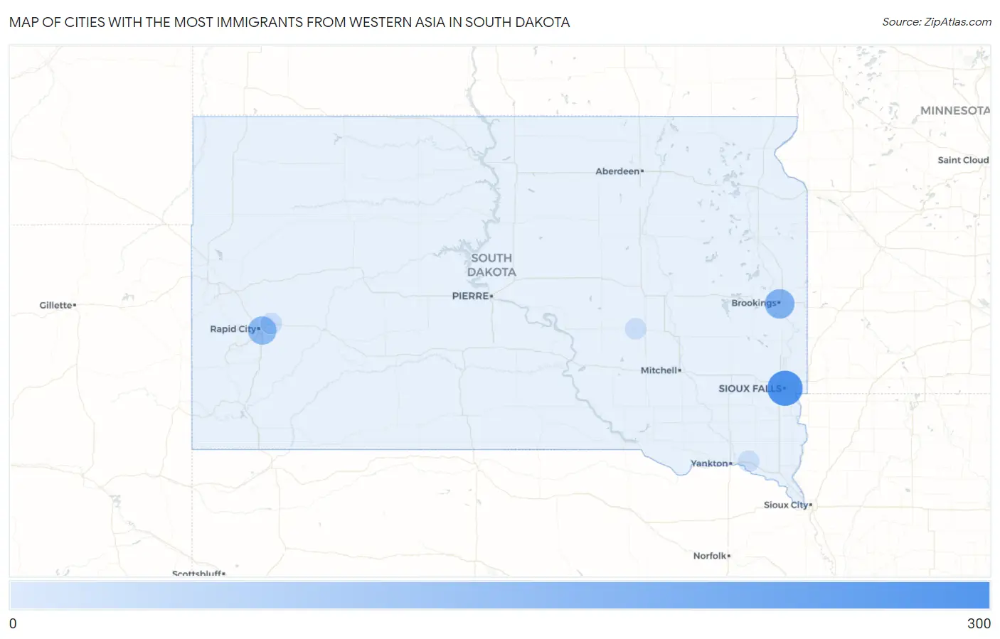 Cities with the Most Immigrants from Western Asia in South Dakota Map