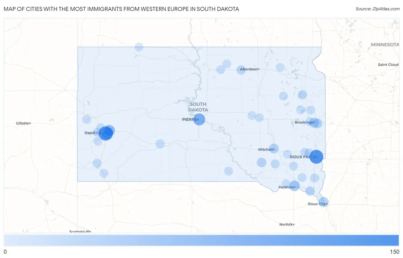 Cities with the Most Immigrants from Western Europe in South Dakota Map