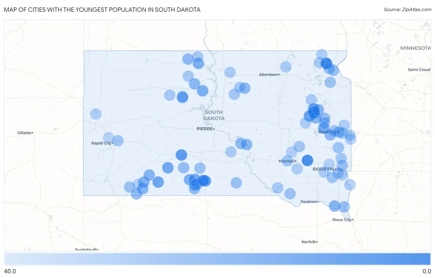 Cities with the Youngest Population in South Dakota Map