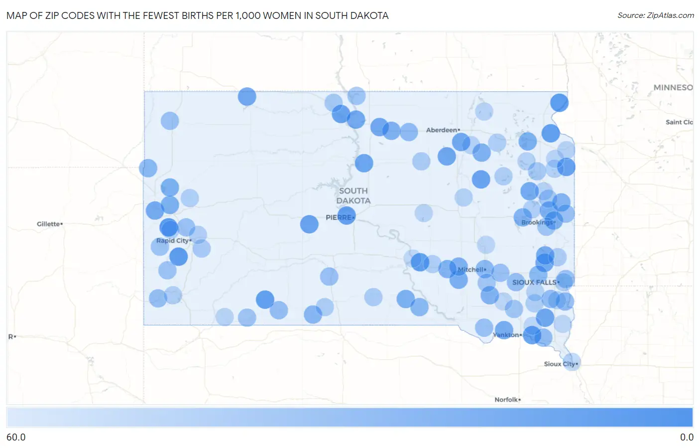 Zip Codes with the Fewest Births per 1,000 Women in South Dakota Map