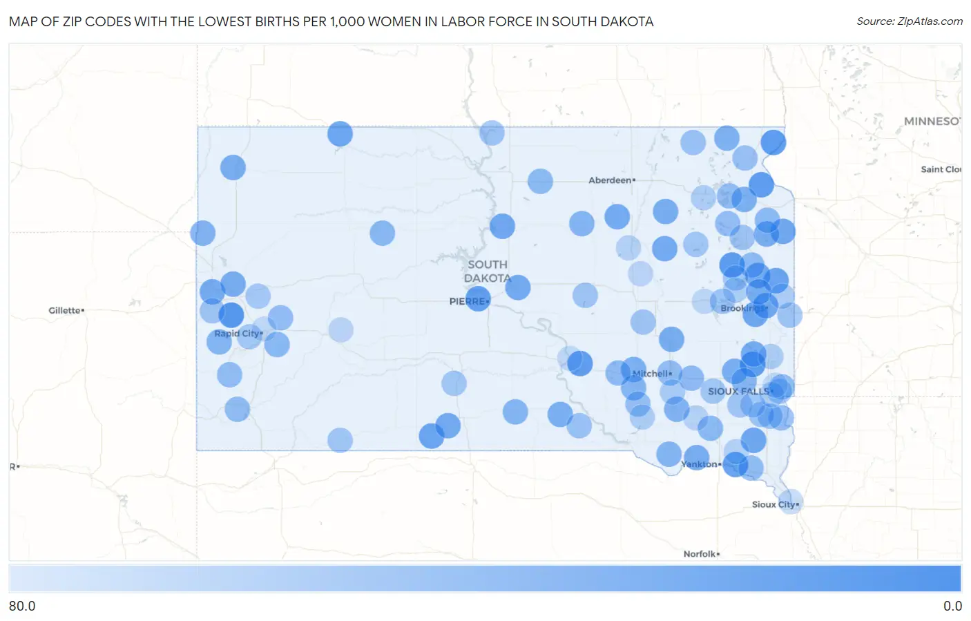 Zip Codes with the Lowest Births per 1,000 Women in Labor Force in South Dakota Map