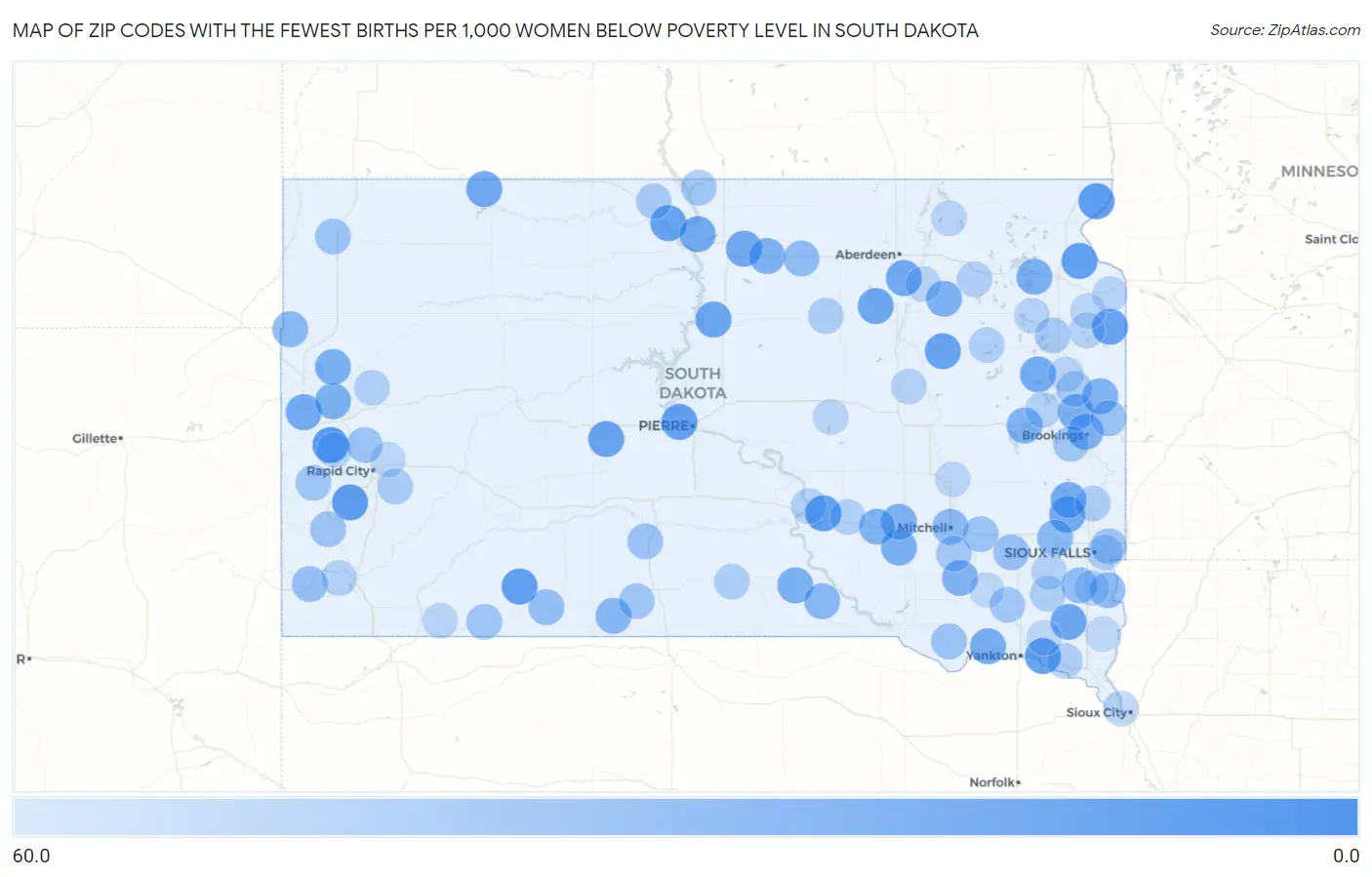 Zip Codes with the Fewest Births per 1,000 Women Below Poverty Level in South Dakota Map