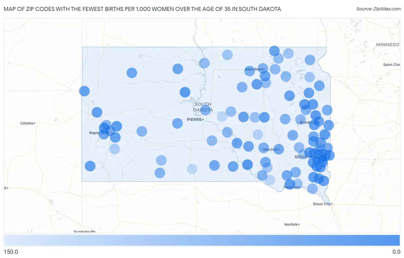 Zip Codes with the Fewest Births per 1,000 Women Over the Age of 35 in South Dakota Map