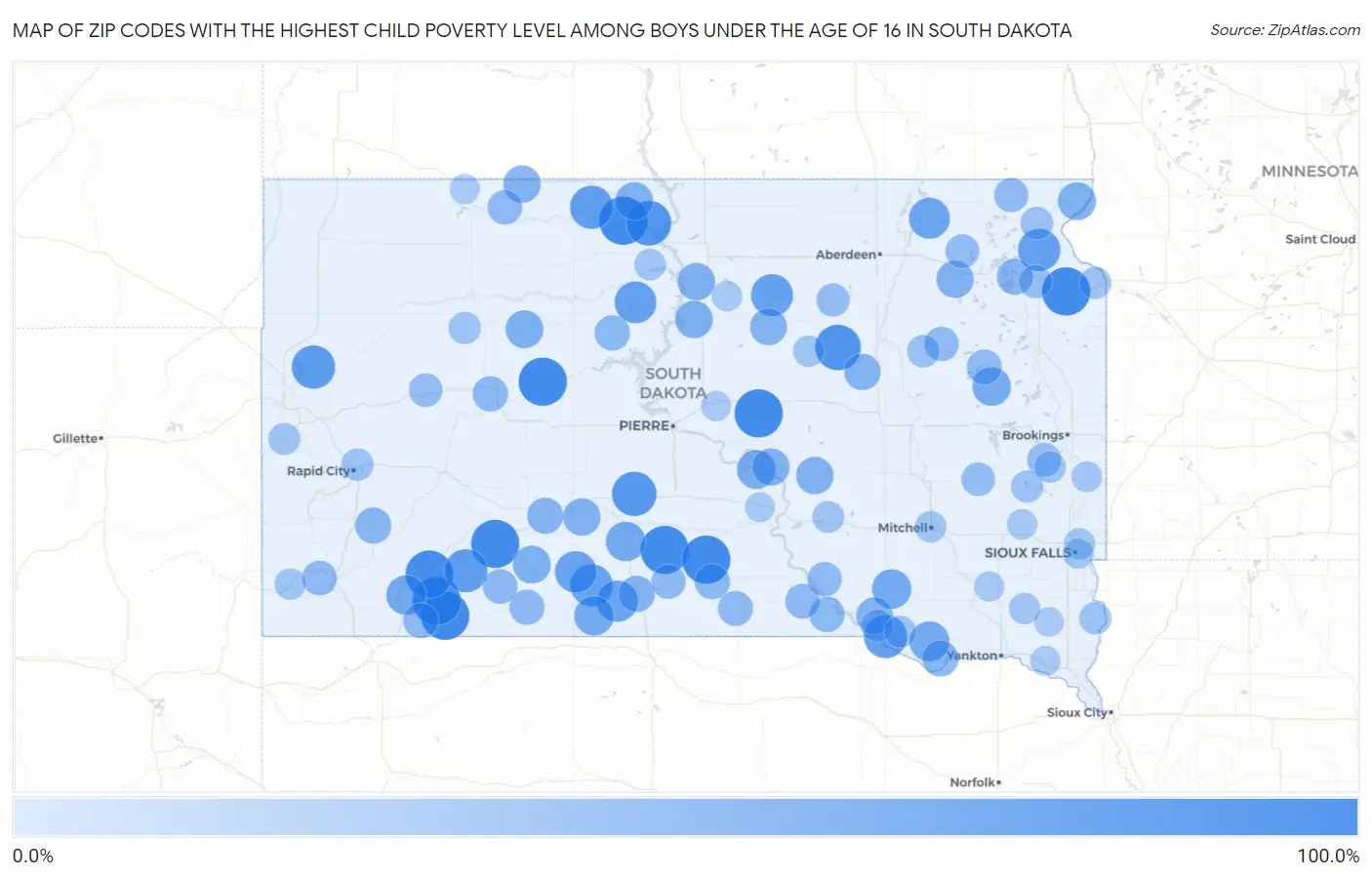 Zip Codes with the Highest Child Poverty Level Among Boys Under the Age of 16 in South Dakota Map