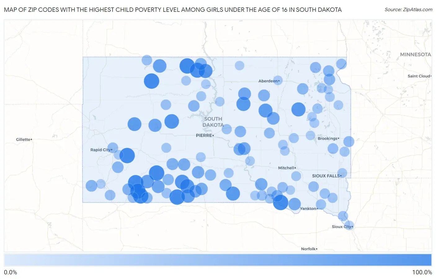 Zip Codes with the Highest Child Poverty Level Among Girls Under the Age of 16 in South Dakota Map