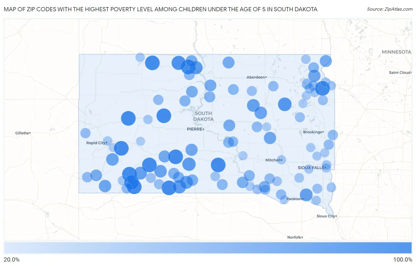 Zip Codes with the Highest Poverty Level Among Children Under the Age of 5 in South Dakota Map