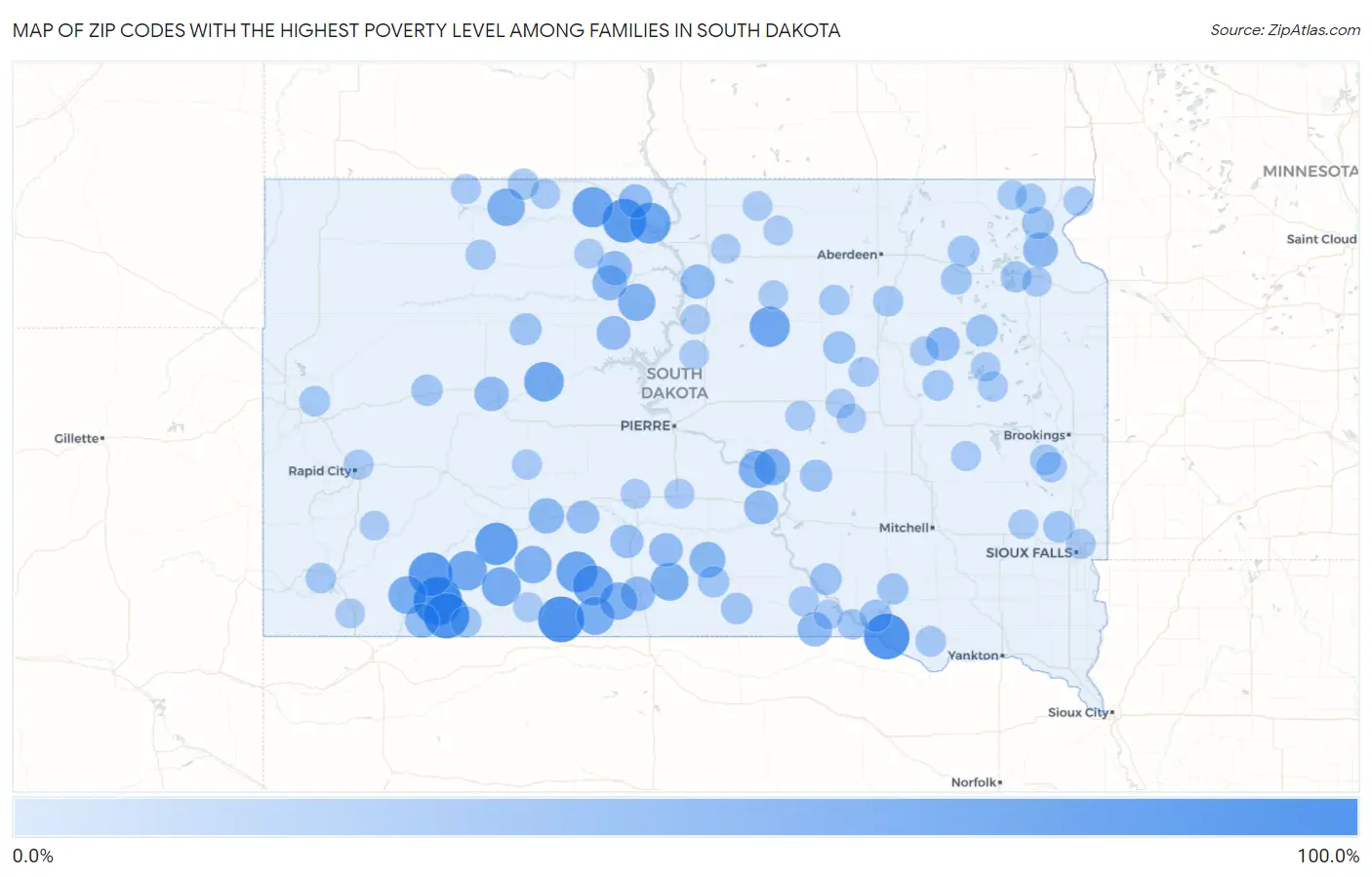 Zip Codes with the Highest Poverty Level Among Families in South Dakota Map