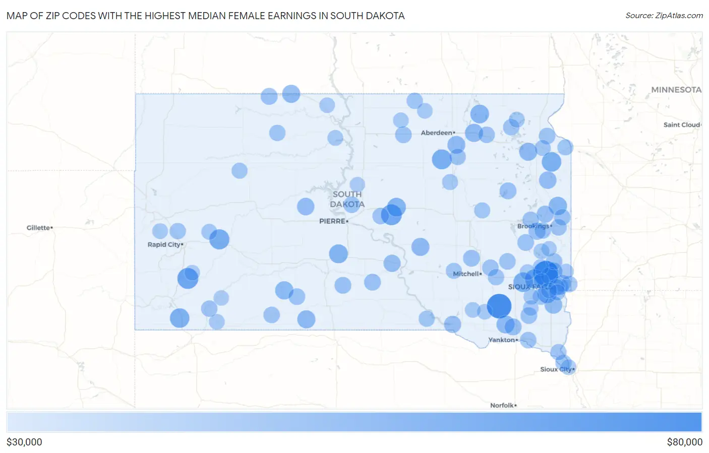 Zip Codes with the Highest Median Female Earnings in South Dakota Map
