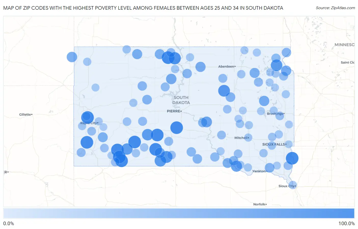 Zip Codes with the Highest Poverty Level Among Females Between Ages 25 and 34 in South Dakota Map
