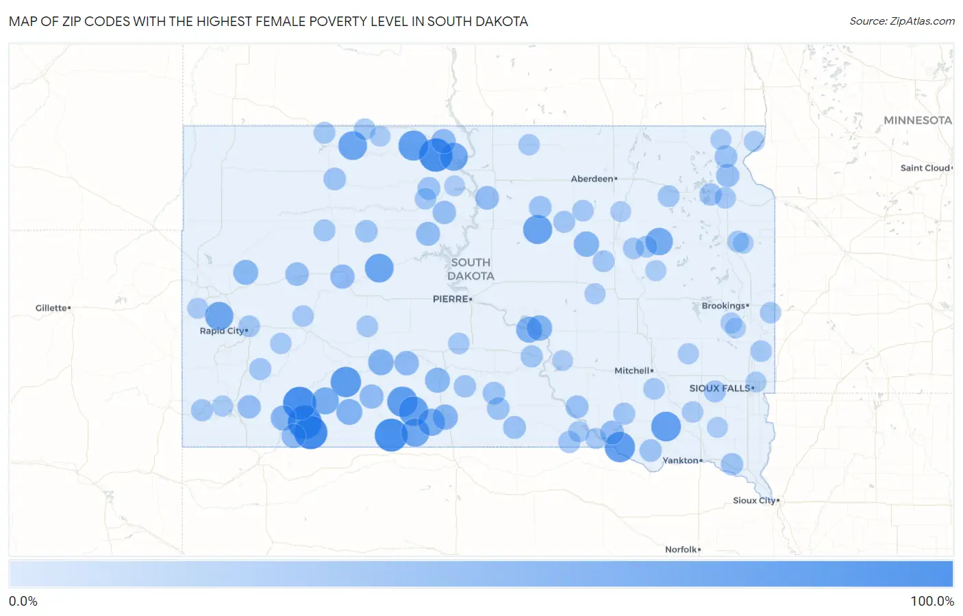 Zip Codes with the Highest Female Poverty Level in South Dakota Map