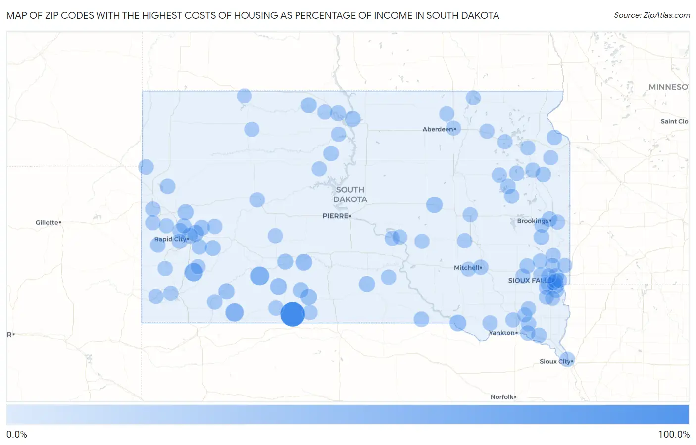 Zip Codes with the Highest Costs of Housing as Percentage of Income in South Dakota Map